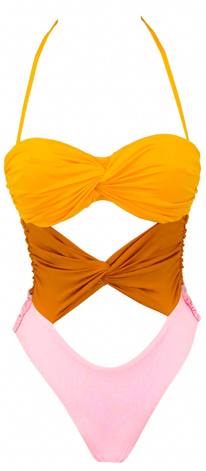 Giambattista Valli Knotted Cut-Out Strapless Swimsuit in Yellow/Rust/Pink