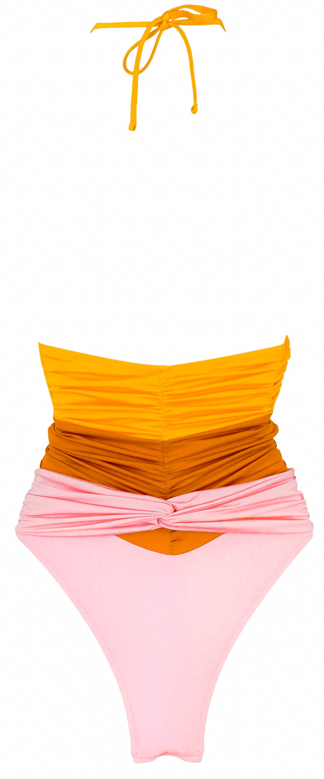 Giambattista Valli Knotted Cut-Out Strapless Swimsuit in Yellow/Rust/Pink