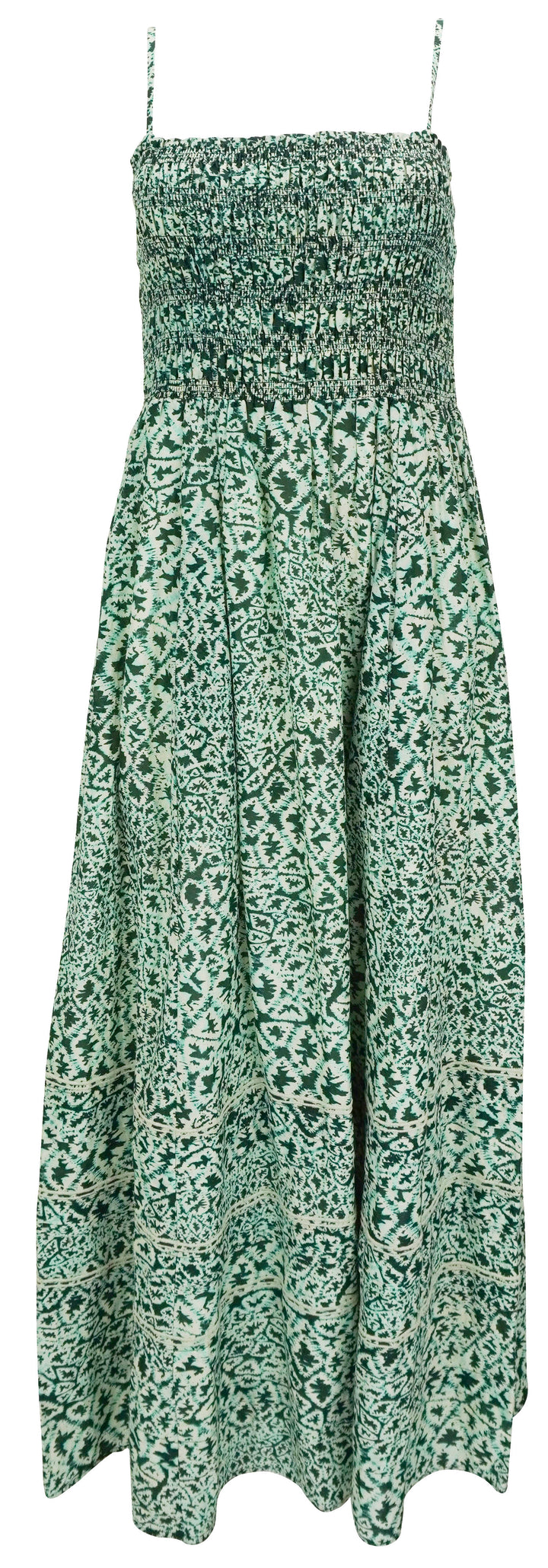 Maria Cher. Printed Smocked Maxi Dress in Green Multi