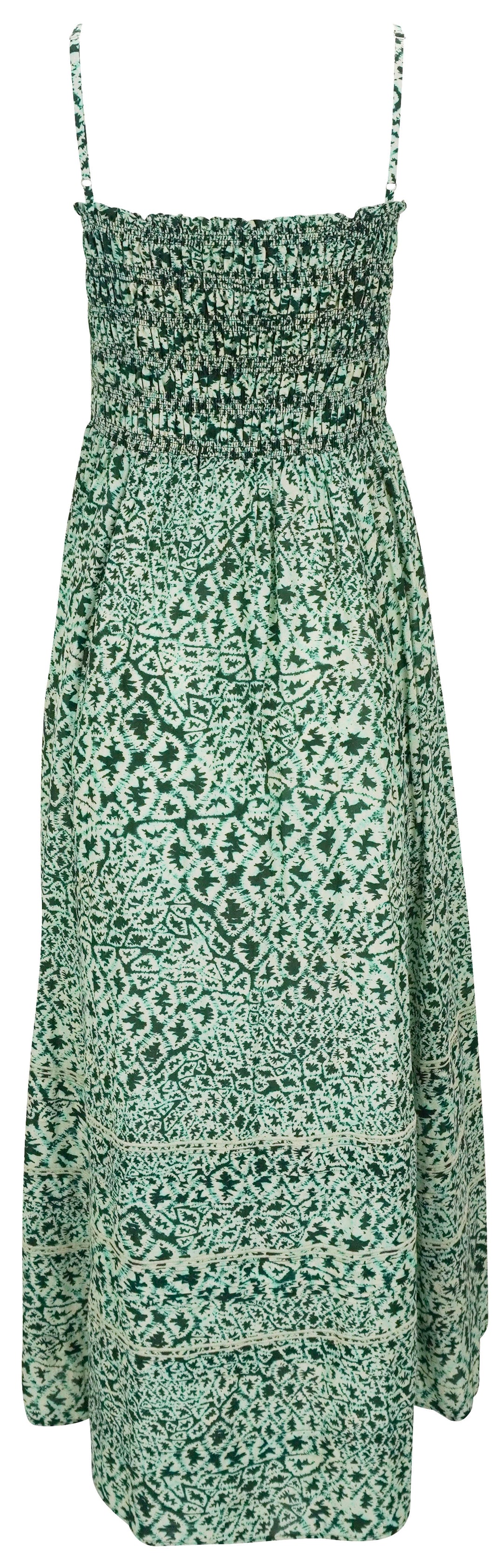 Maria Cher. Printed Smocked Maxi Dress in Green Multi