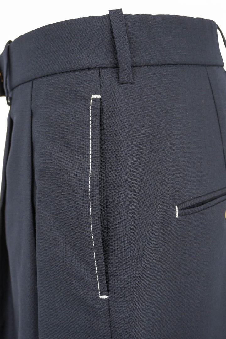 Thom Browne. High Waisted Double Pleat Trouser in Navy - Discounts on Thom Browne. at UAL