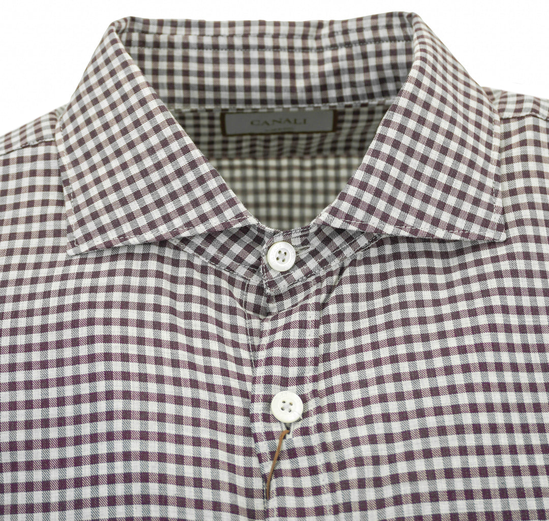 Canali Checked Print Button Down Shirt in Burgundy and Grey - Discounts on Canali at UAL