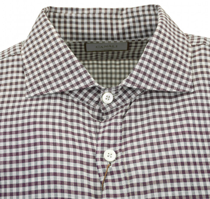 Canali Checked Print Button Down Shirt in Burgundy and Grey - Discounts on Canali at UAL