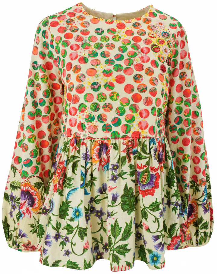 Nikasha Dot Print Beaded Floral Blouse in Cream Multi