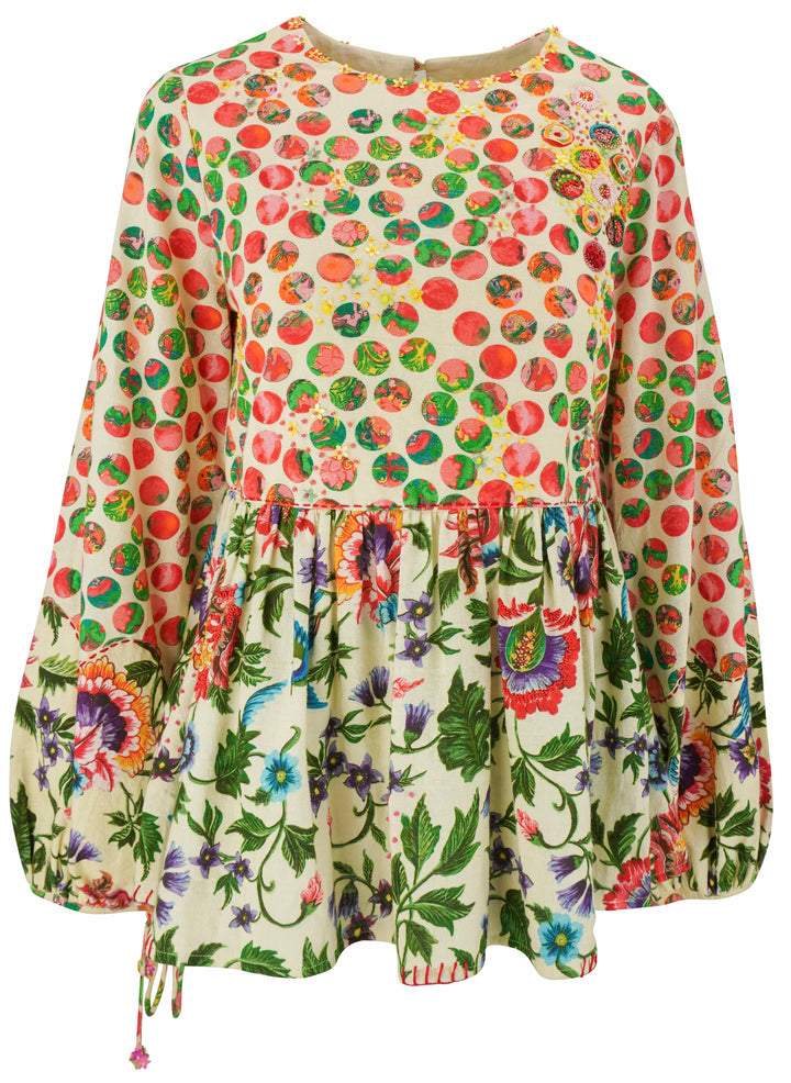 Nikasha Dot Print Beaded Floral Blouse in Cream Multi