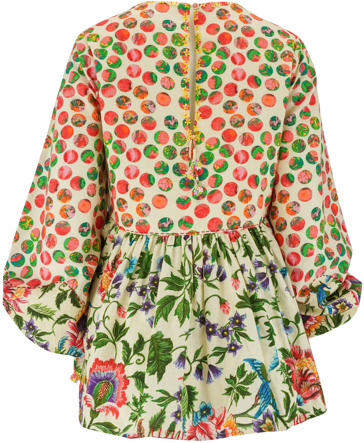 Nikasha Dot Print Beaded Floral Blouse in Cream Multi