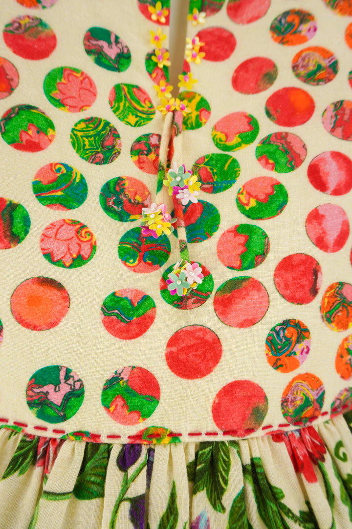 Nikasha Dot Print Beaded Floral Blouse in Cream Multi