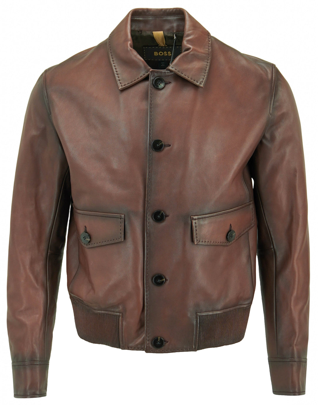 Boss Button Front Leather Jacket in Brown - Discounts on Hugo Boss at UAL
