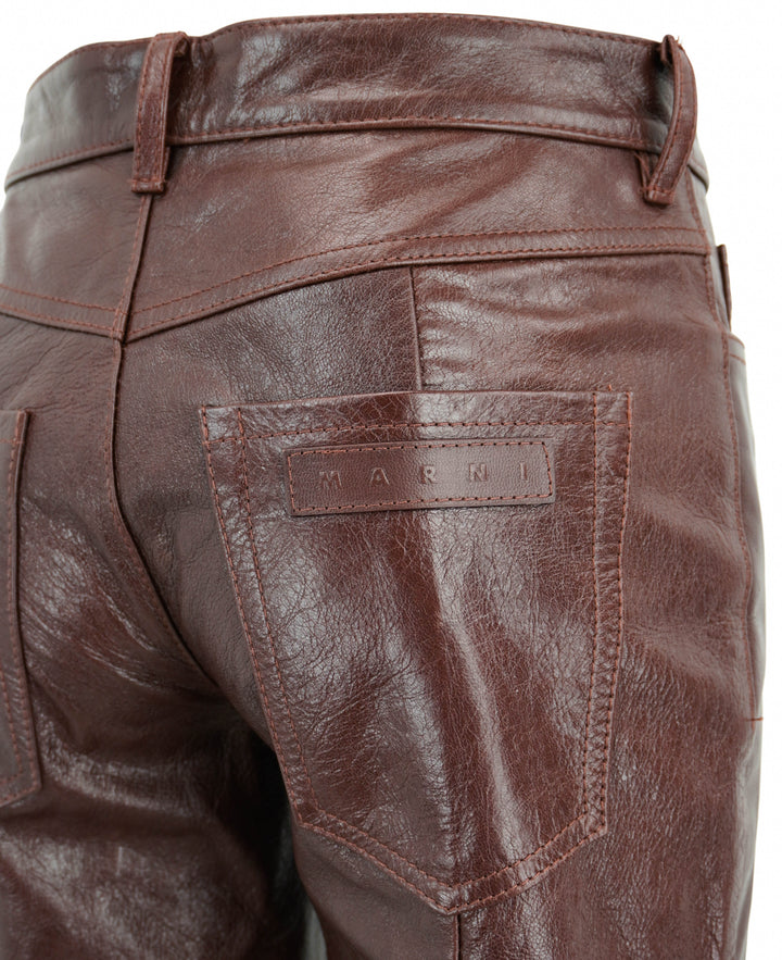 Marni Leather Flared Pants in Wood - Discounts on Marni at UAL