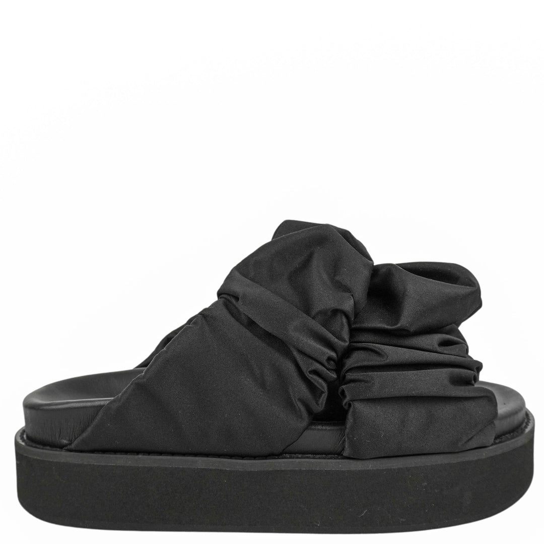 Ganni Ruched Satin Slides in Black - Discounts on Ganni at UAL