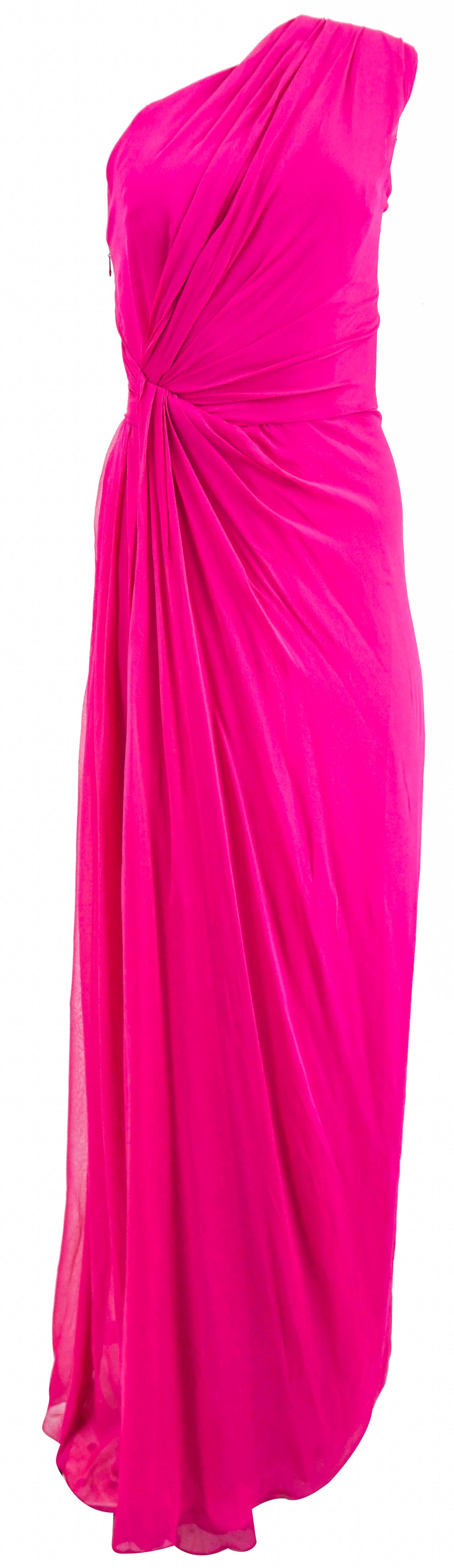 Monique Lhuillier One-Shoulder Draped Silk Gown in Magenta - Discounts on Monique Lhuillier at UAL