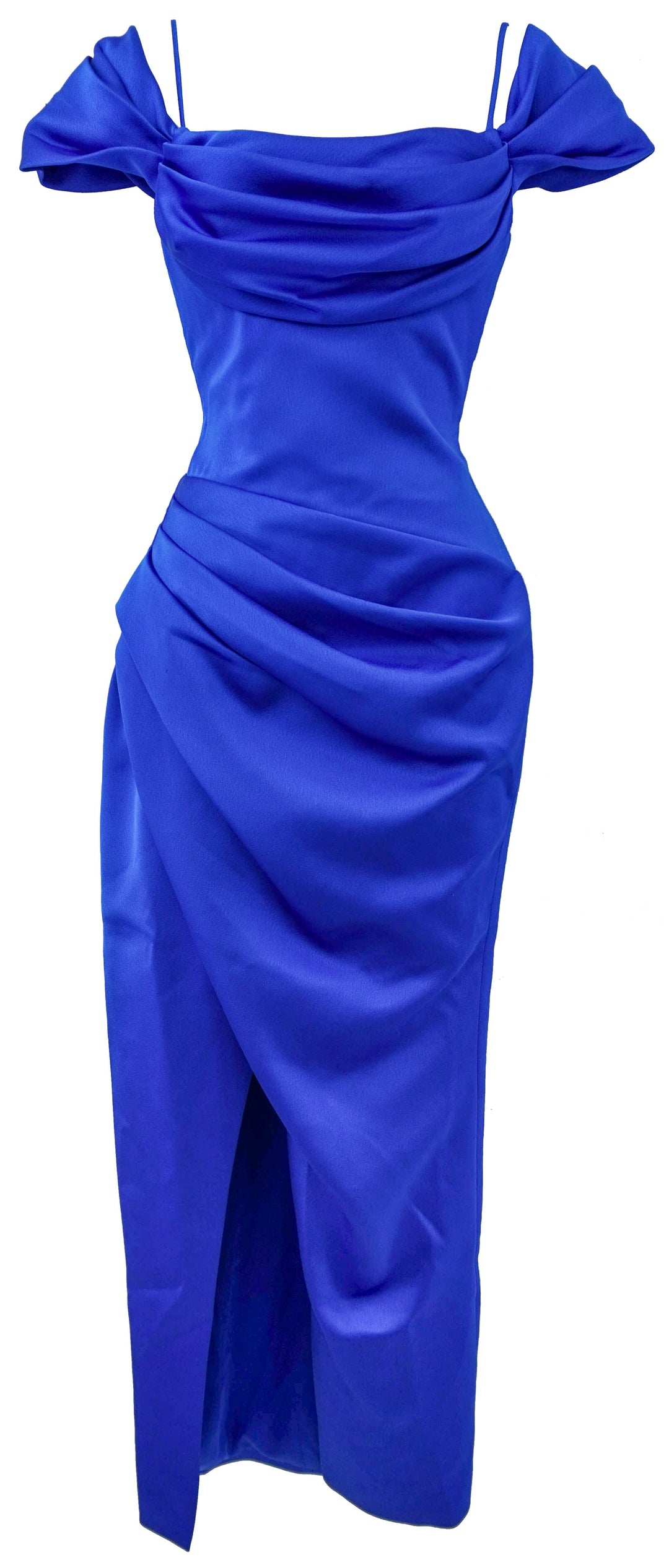 Rasario Satin Draped Off-The-Shoulder Midi Dress in Blue - Discounts on Rasario at UAL