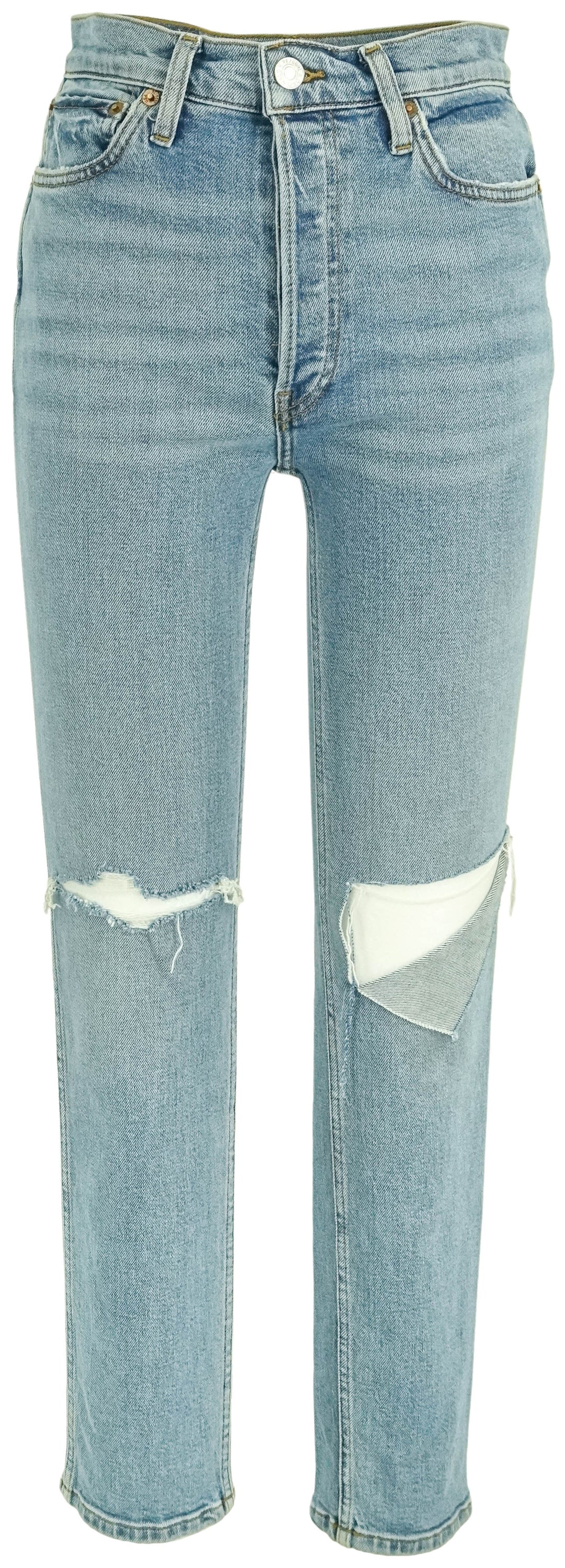 Re/Done 80's Silm Straight Denim in Brisk Blue with Rips - Discounts on Re/Done at UAL