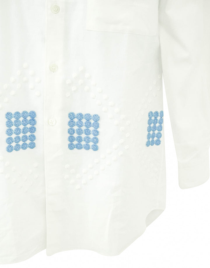 Comme des Garçons Cotton Cloth Long Shirt in White/Blue - Discounts on COMME des GARÇONS at UAL