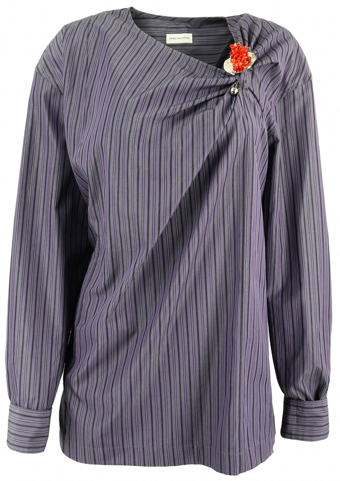 Dries Van Noten Poplin Drape Neck Shirt in Steel Stripe - Discounts on Dries Van Noten at UAL