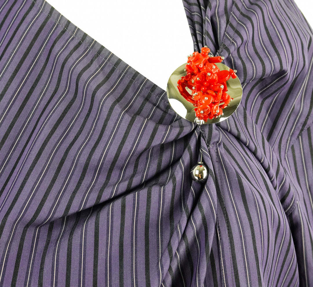 Dries Van Noten Poplin Drape Neck Shirt in Steel Stripe - Discounts on Dries Van Noten at UAL