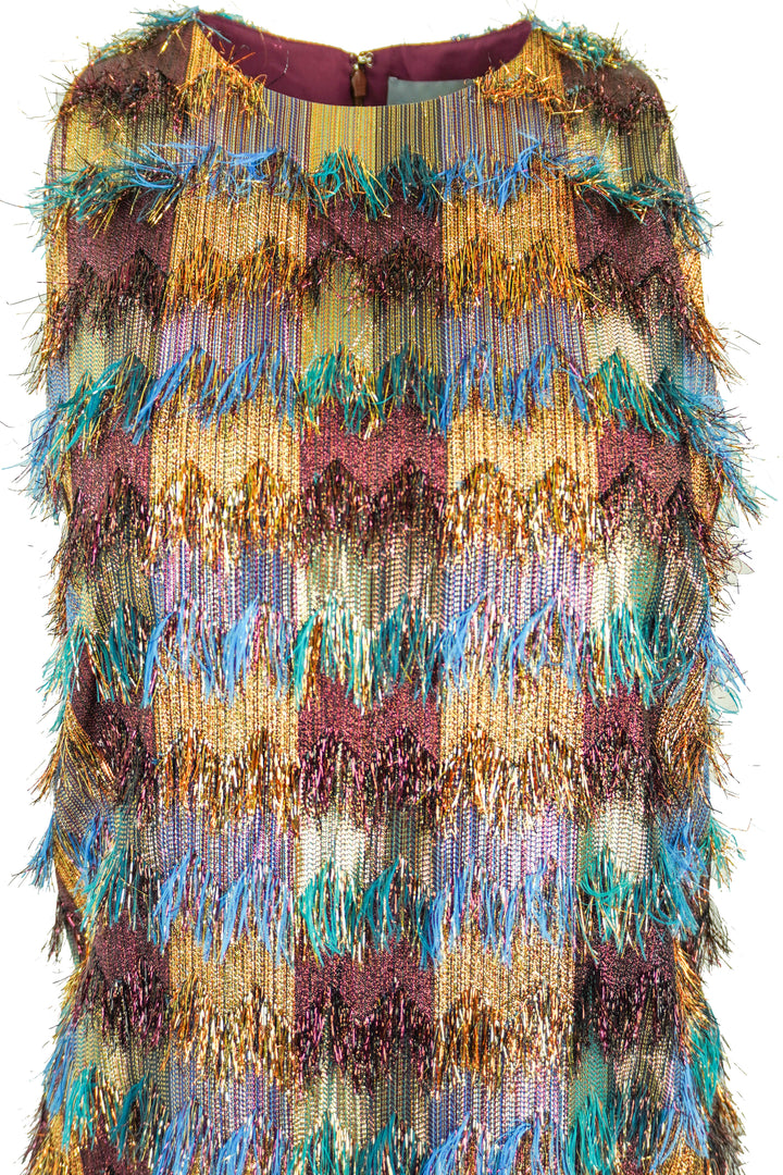 Lela Rose Metallic Zigzag Fringe Sleeveless Tunic Dress in Multi