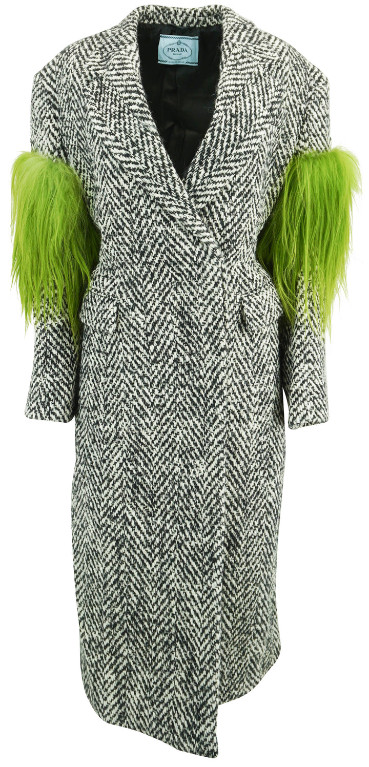 Prada Herringbone Coat wih Fur Sleeve Detail in Black and White