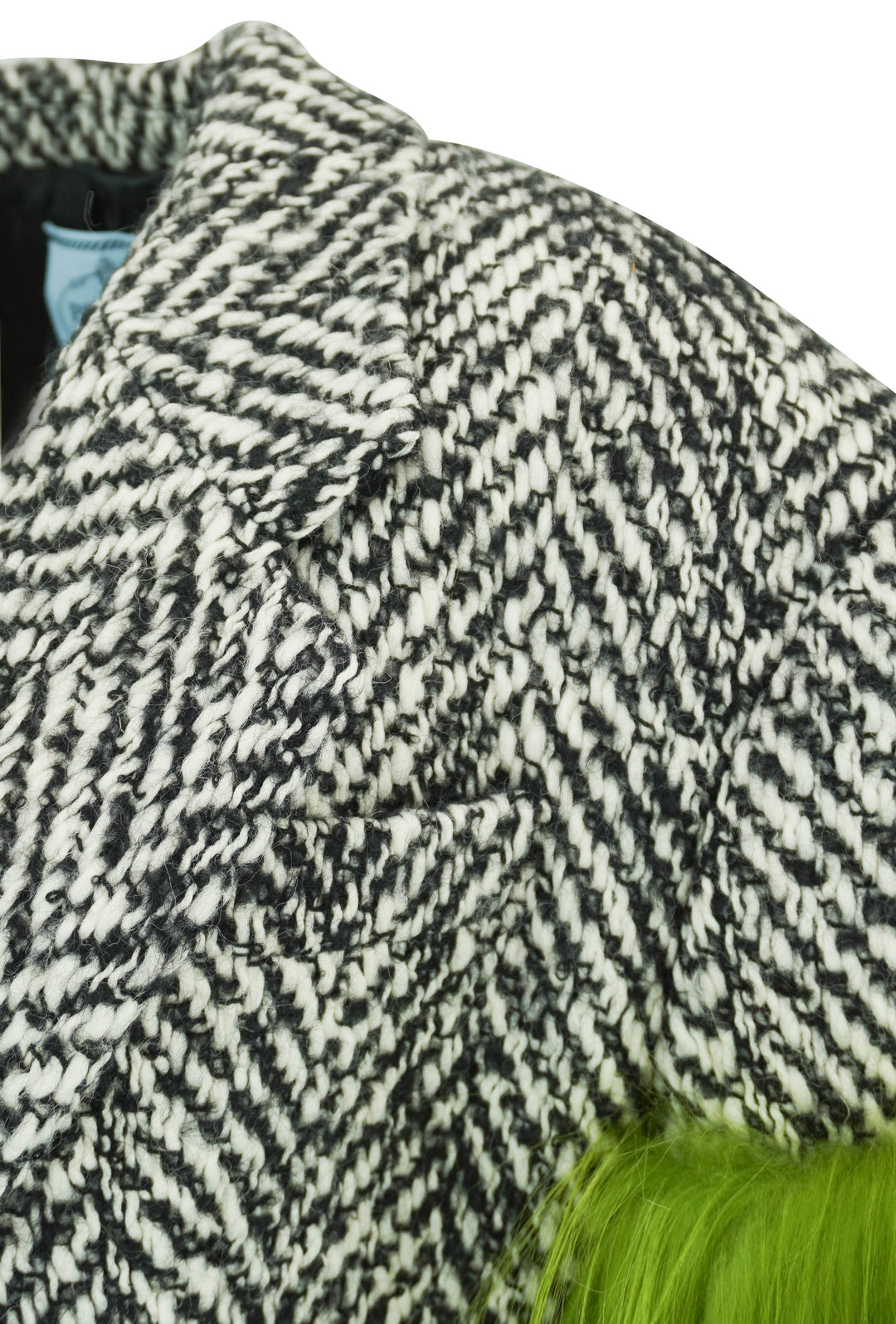 Prada Herringbone Coat wih Fur Sleeve Detail in Black and White