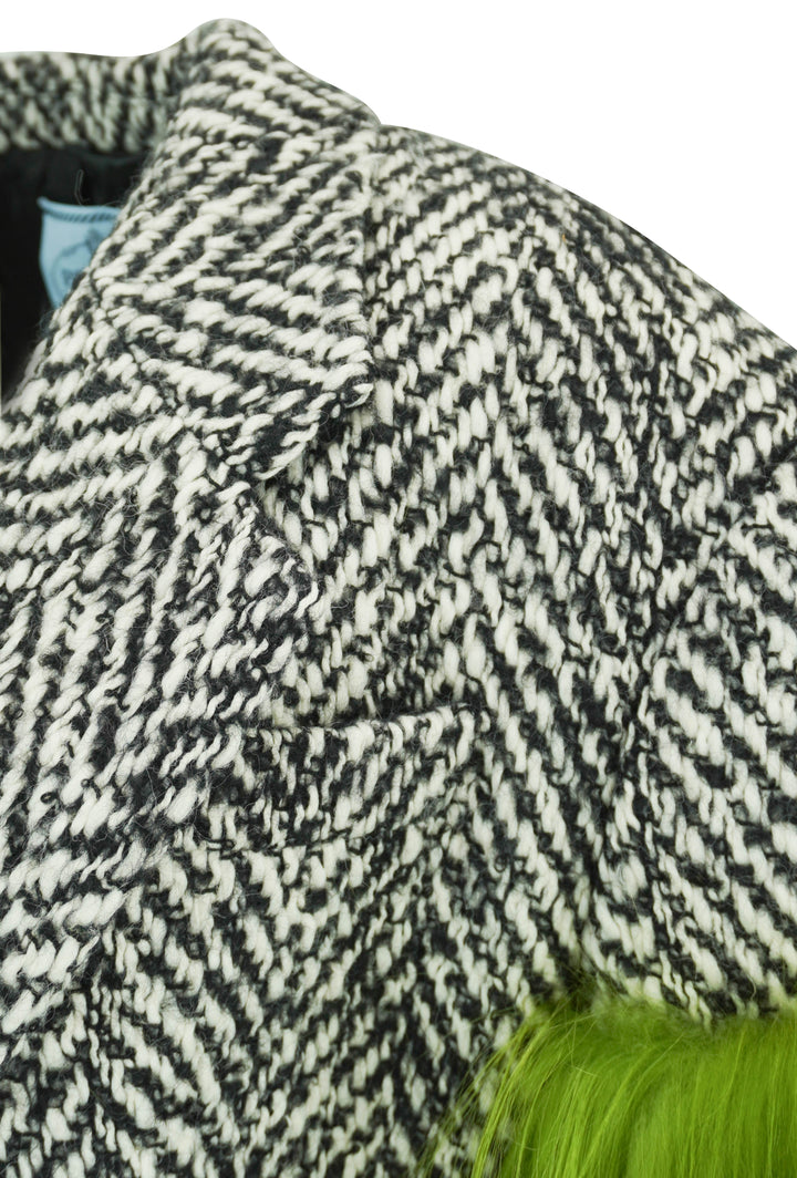 Prada Herringbone Coat wih Fur Sleeve Detail in Black and White
