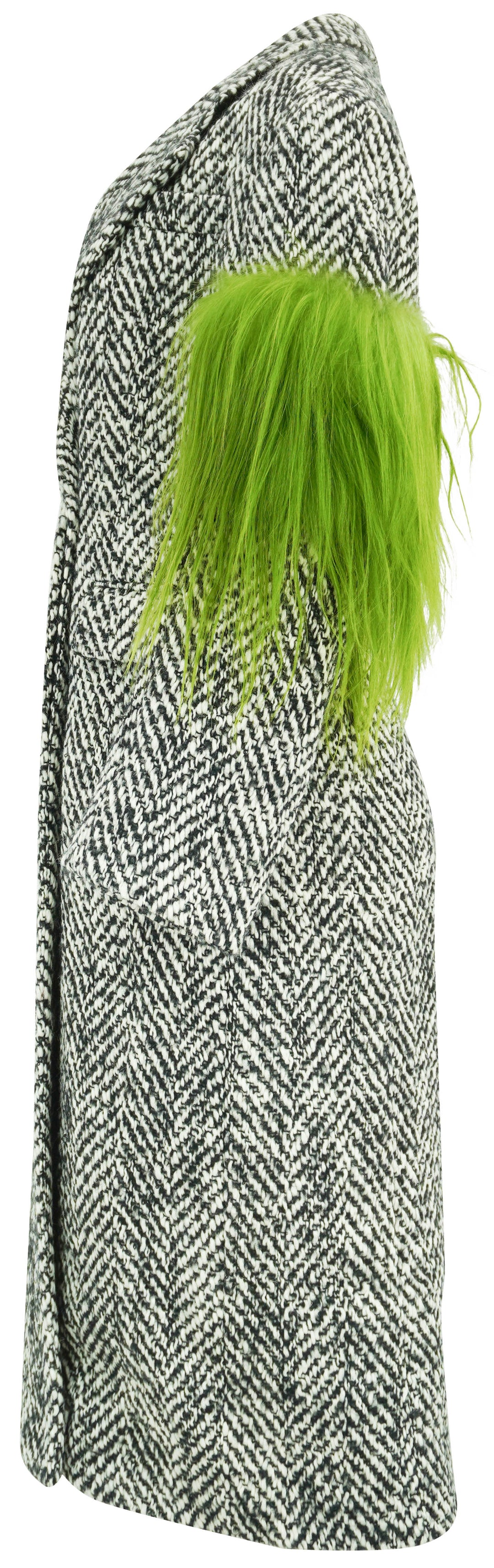 Prada Herringbone Coat wih Fur Sleeve Detail in Black and White
