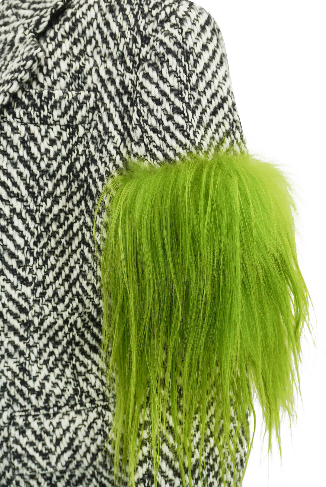 Prada Herringbone Coat wih Fur Sleeve Detail in Black and White