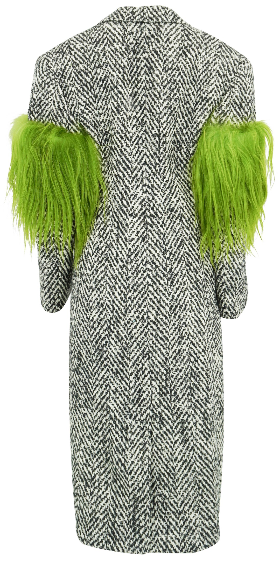 Prada Herringbone Coat wih Fur Sleeve Detail in Black and White