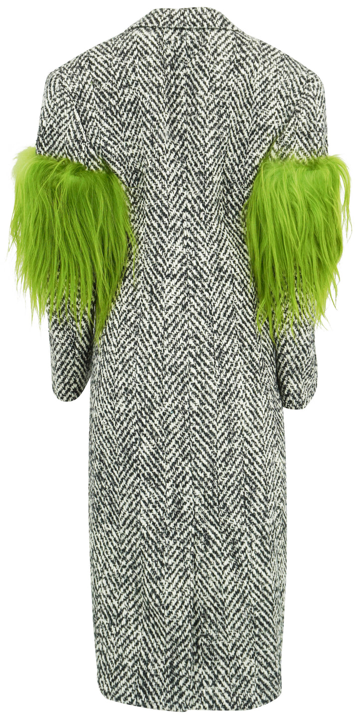Prada Herringbone Coat wih Fur Sleeve Detail in Black and White