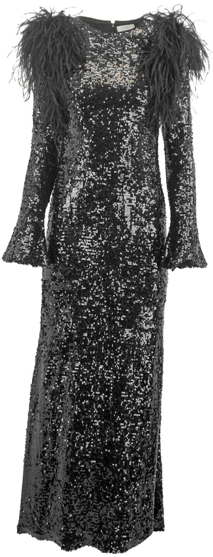 LaPointe Sequin Maxi Dress with Feather Shoulders in Black