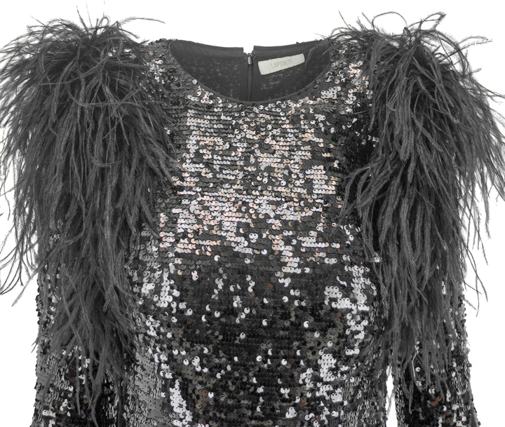 LaPointe Sequin Maxi Dress with Feather Shoulders in Black