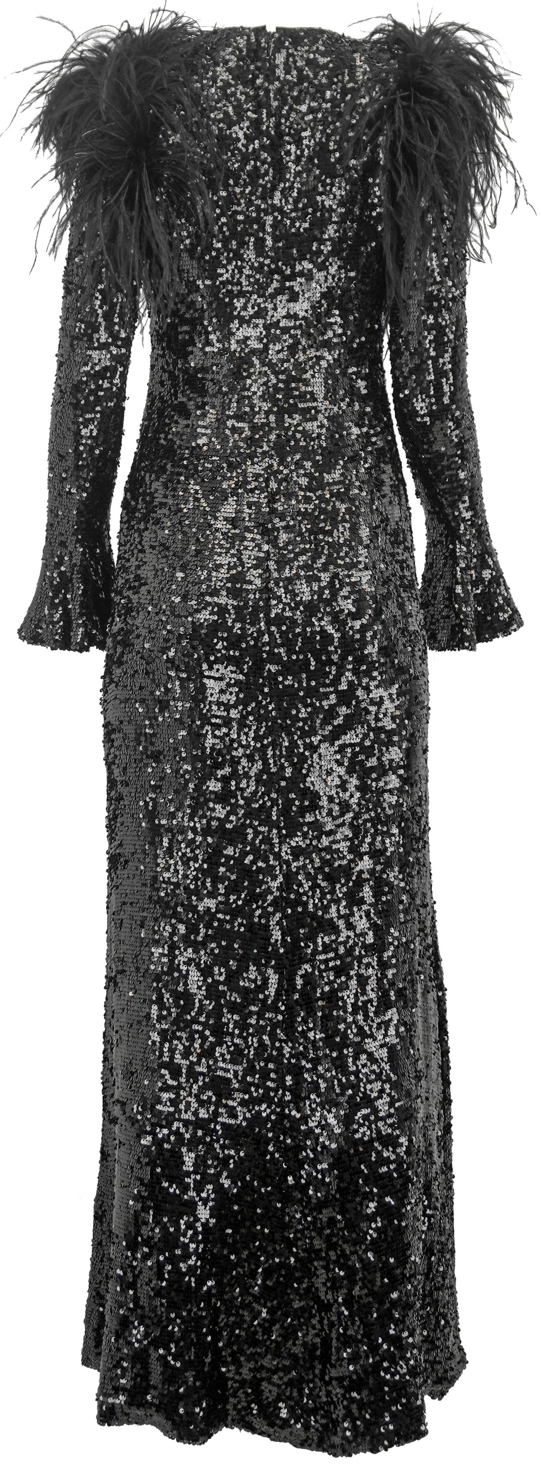 LaPointe Sequin Maxi Dress with Feather Shoulders in Black