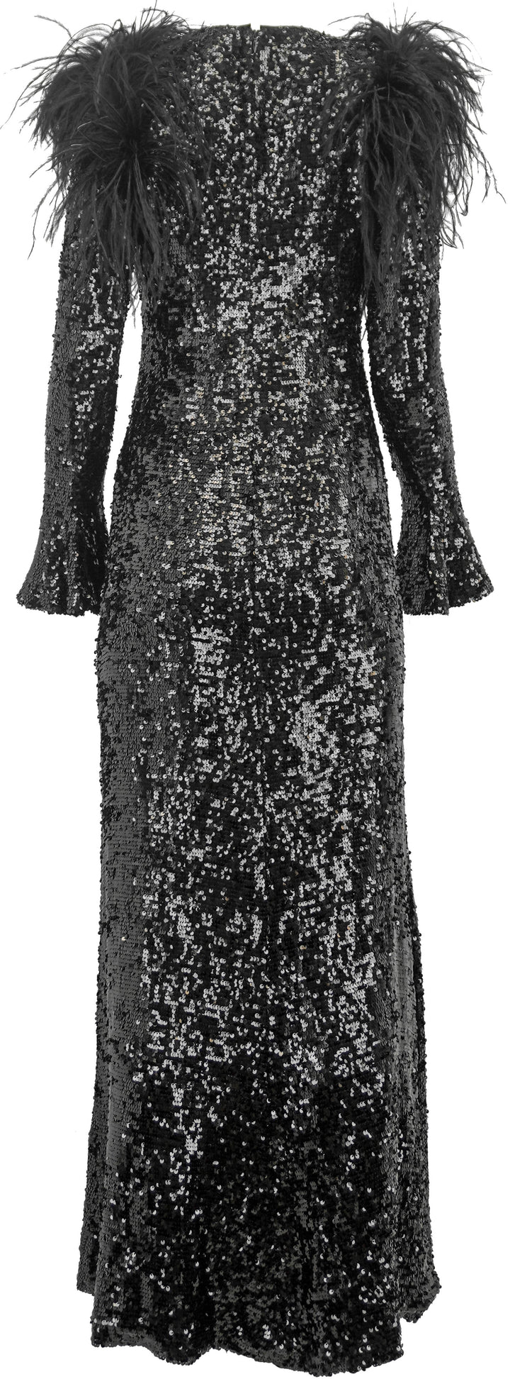 LaPointe Sequin Maxi Dress with Feather Shoulders in Black