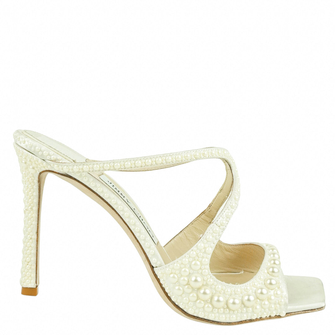 Jimmy Choo Anise 95 Satin & Pearl Mules in White - Discounts on Jimmy Choo at UAL