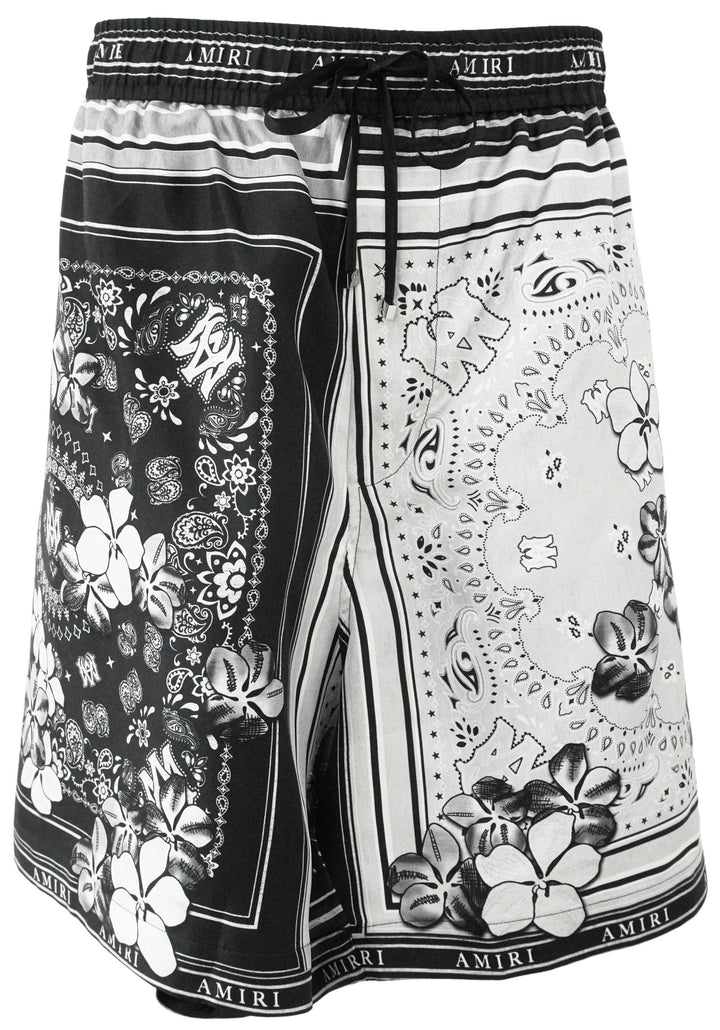Amiri Bandana/Floral Print Silk Shorts in Black and Grey - Discounts on Amiri at UAL