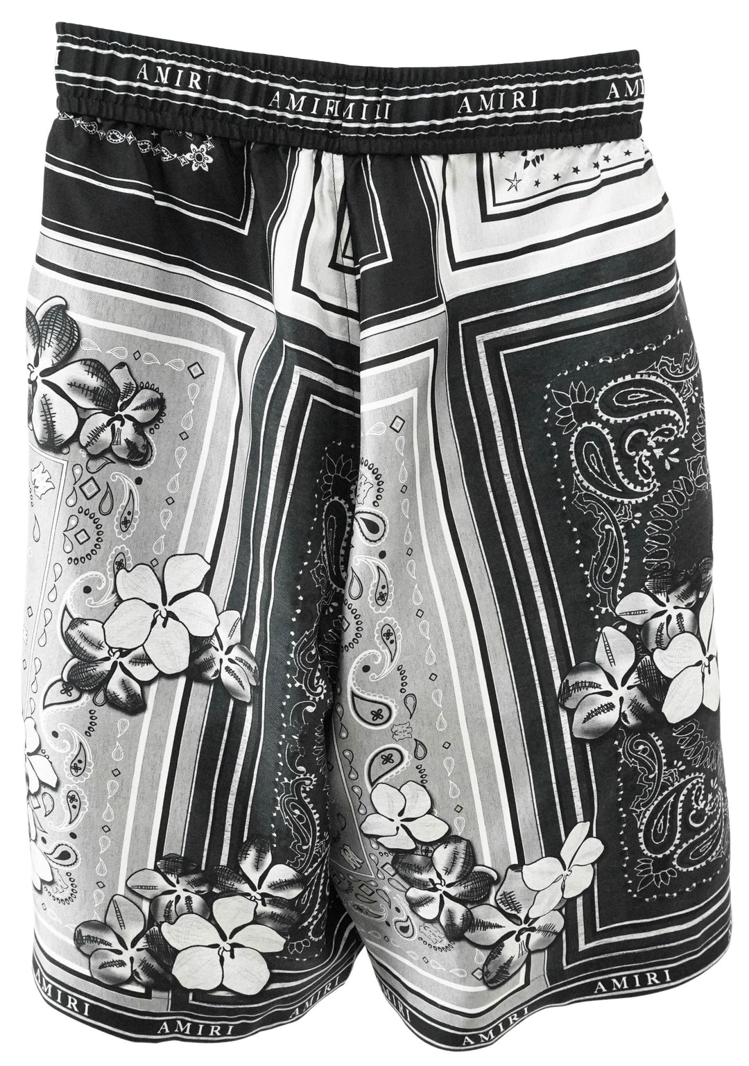Amiri Bandana/Floral Print Silk Shorts in Black and Grey - Discounts on Amiri at UAL