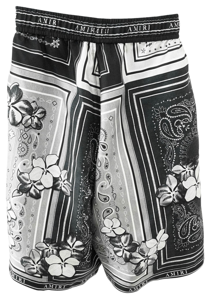 Amiri Bandana/Floral Print Silk Shorts in Black and Grey - Discounts on Amiri at UAL
