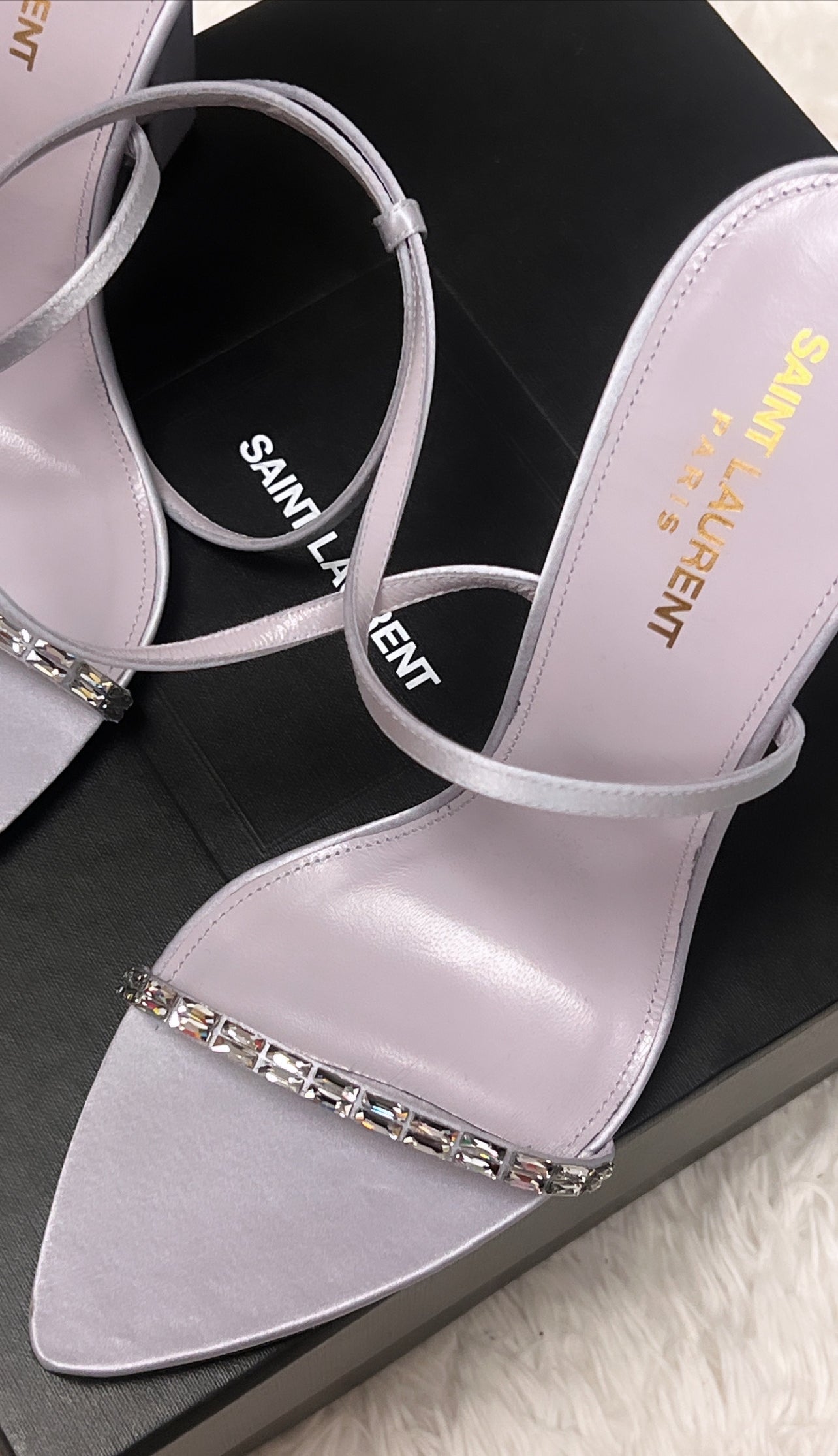 Saint Laurent Satin Embellished Heels in Grey