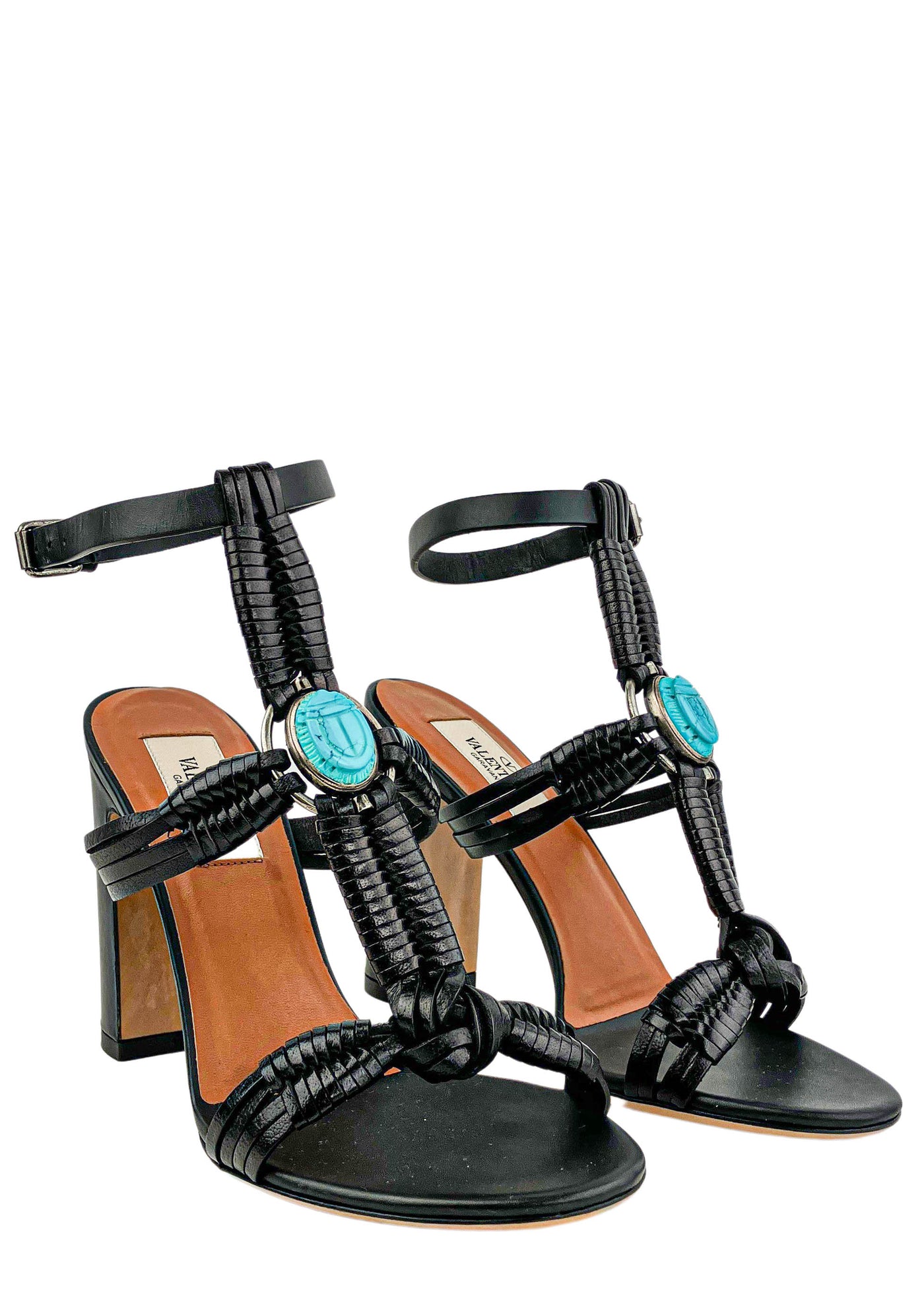 Valentino Scarab Braided Sandals with Turquoise Stone Detail in Black - Discounts on Valentino at UAL