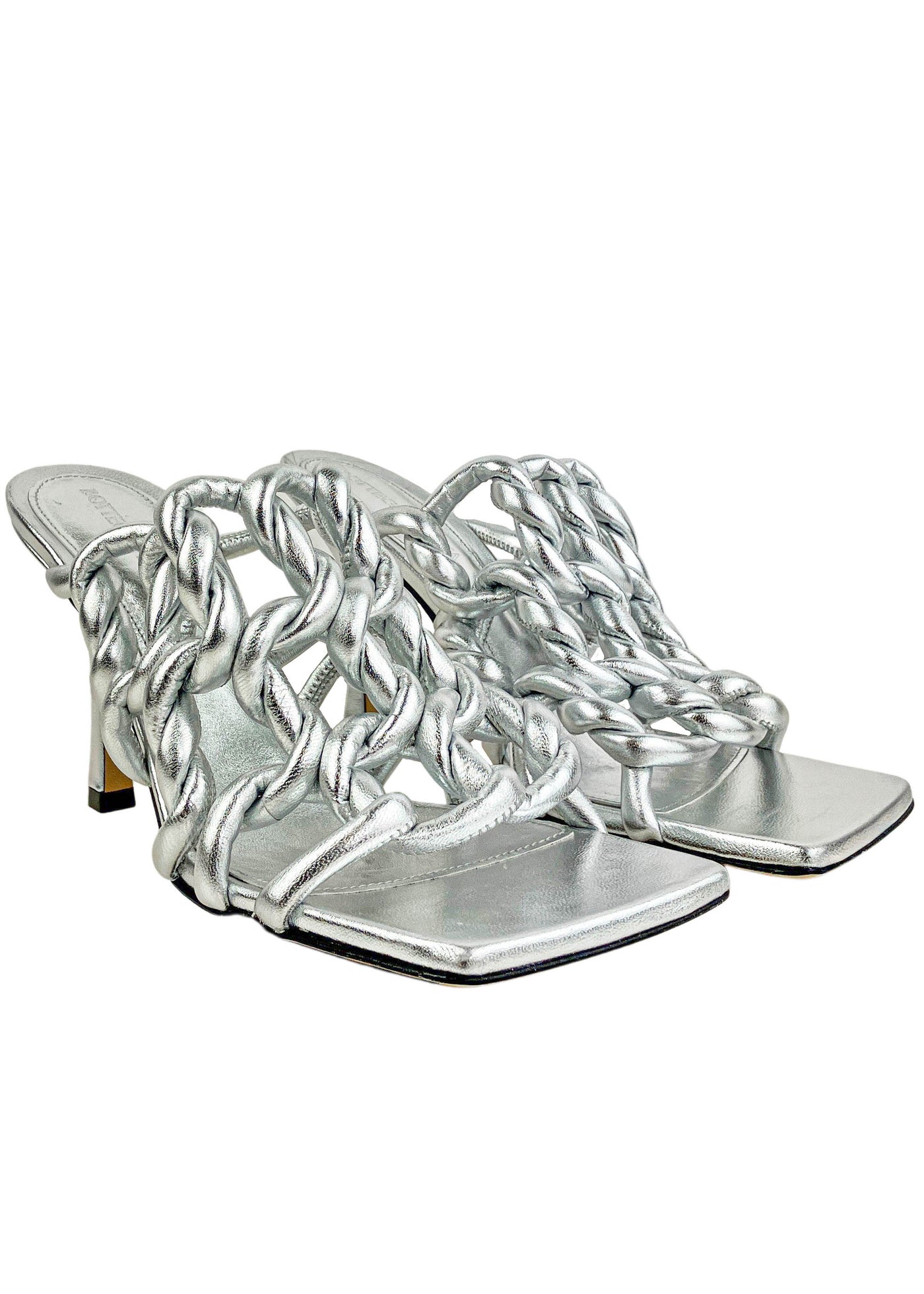 Bottega Veneta Reflection Weave Open Toe Mule in Silver - Discounts on Bottega Veneta at UAL