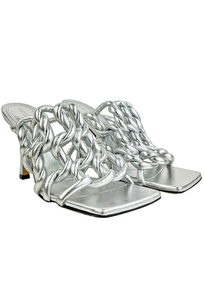 Bottega Veneta Reflection Weave Open Toe Mules in Silver - Discounts on Bottega Veneta at UAL