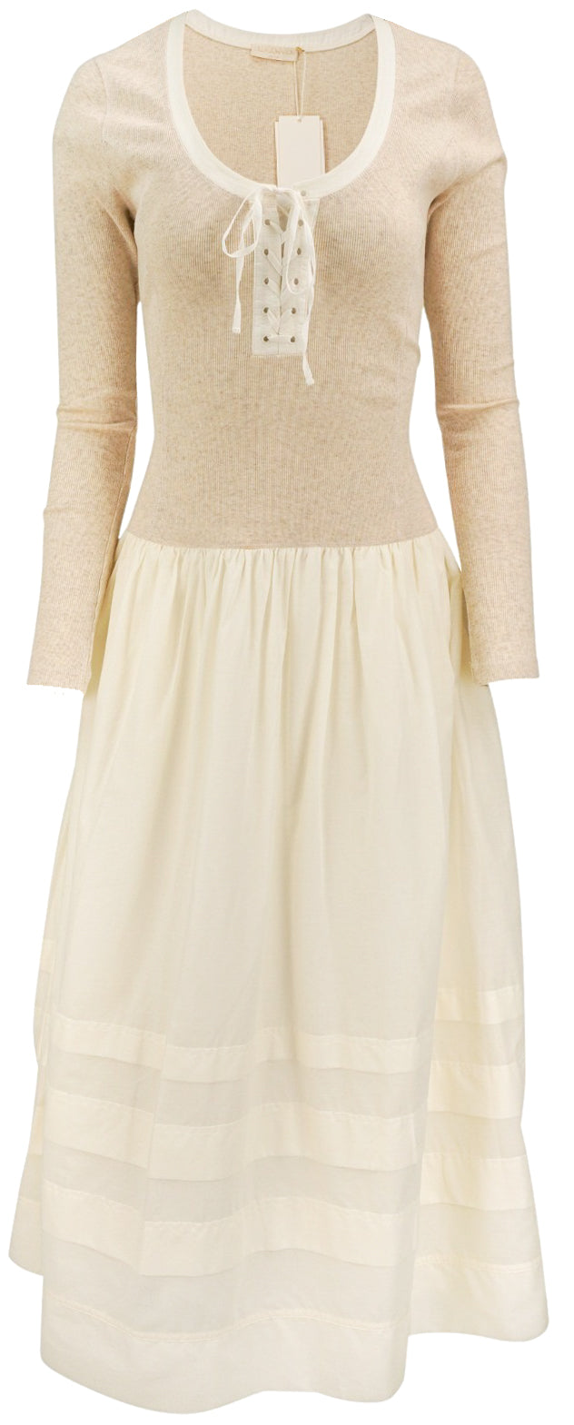 Ulla Johnson Quincy Drop Waist Long Sleeve Dress in Beige and Cream - Discounts on Ulla Johnson at UAL