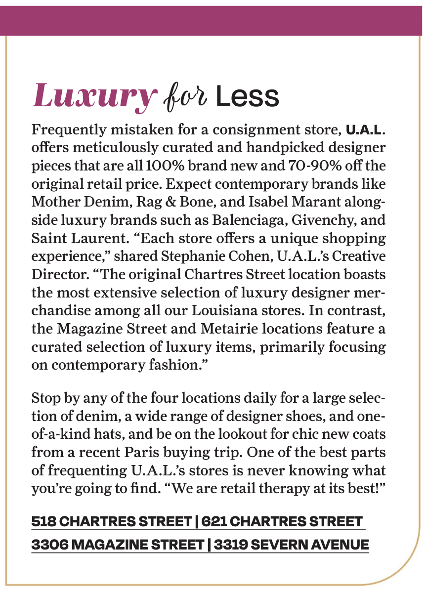 Screenshot of The Pearl magazine article for UAL luxury for less fashion store with text and New Orleans store locations.