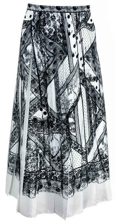 Erdem Pleated Timea Patchwork Lace-Print Pleated Midi Skirt in Black and White - Discounts on Erdem at UAL