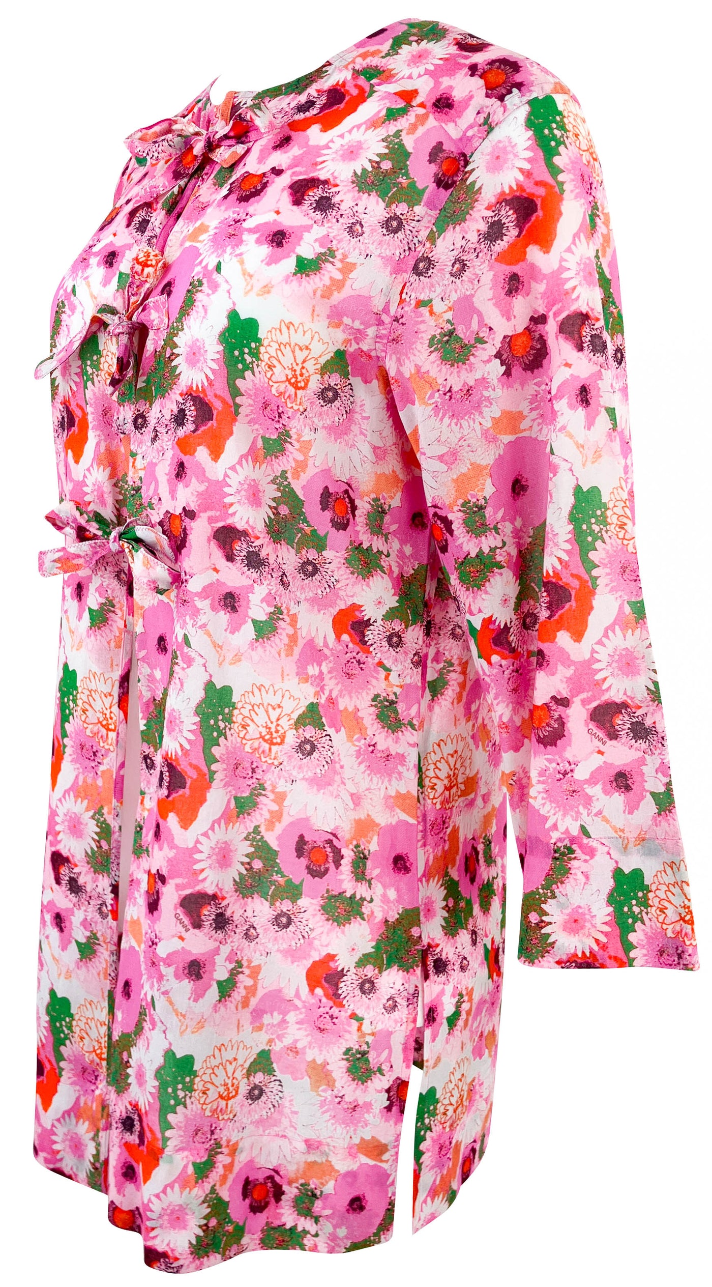 Ganni Open Front Blouse in Pink Floral - Discounts on Ganni at UAL