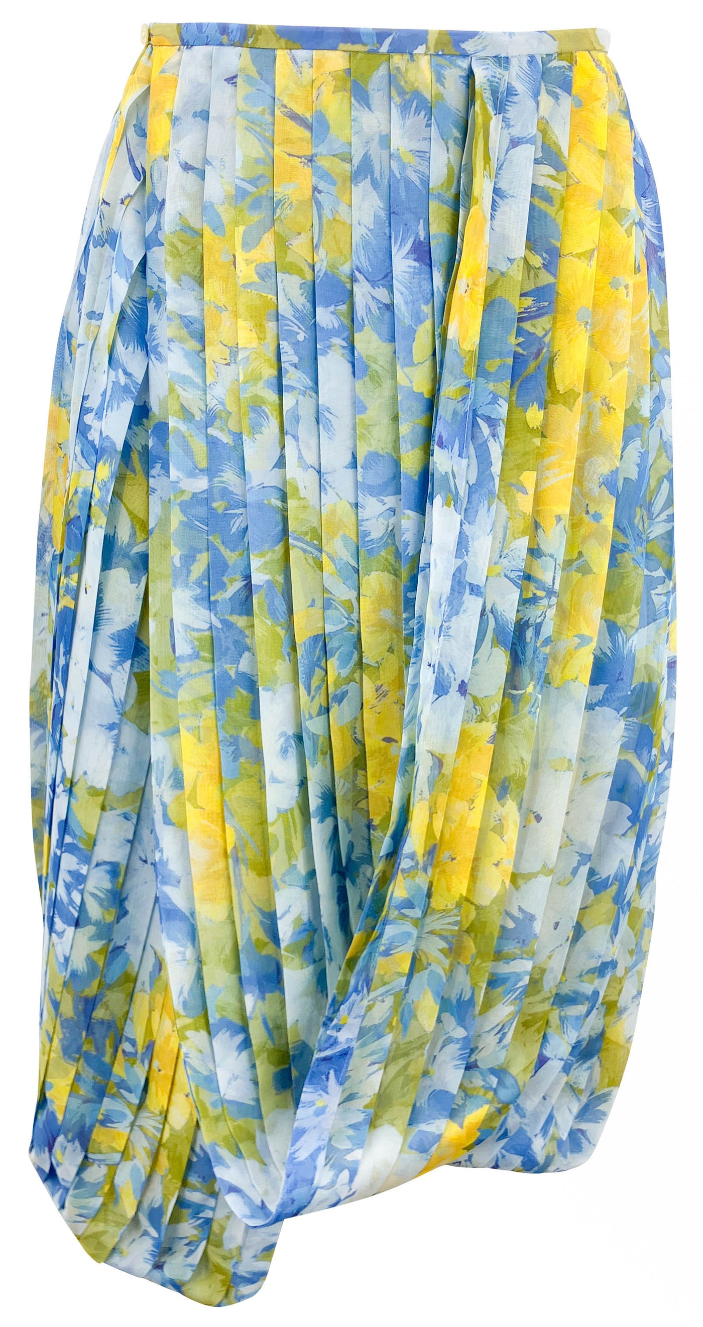 Dries Van Noten Floral Printed Chiffon Midi Skirt in Blue and Yellow - Discounts on Dries Van Noten at UAL