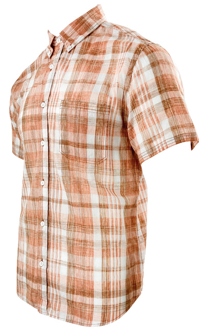 Billy Reid Short Sleeve Button Down in Orange and White Plaid - Discounts on Billy Reid at UAL