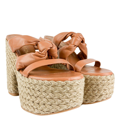 Stuart Weitzman Leather Knotted Platform Sandals in Tan - Discounts on Stuart Weitzman at UAL