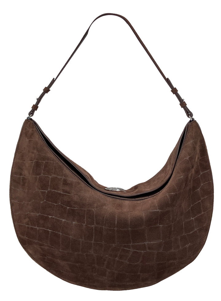 Jacquemus Ovalo Croc-Embossed Suede Hobo Bag in Brown Suede