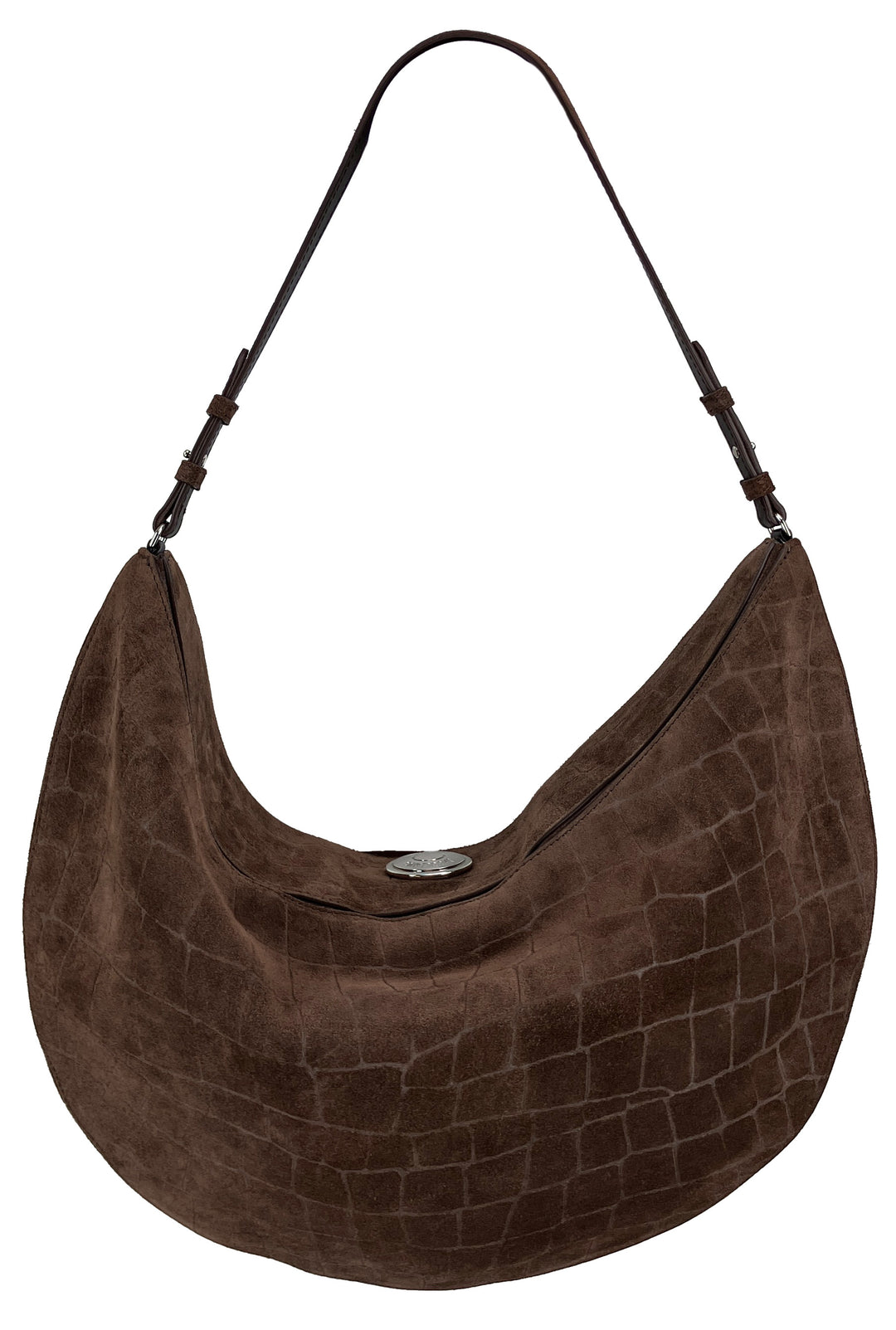 Jacquemus Ovalo Croc-Embossed Suede Hobo Bag in Brown Suede