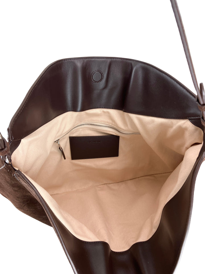 Jacquemus Ovalo Croc-Embossed Suede Hobo Bag in Brown Suede